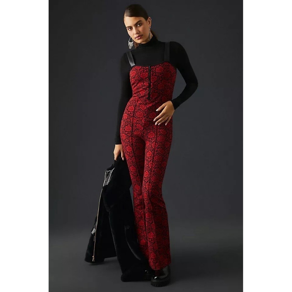 Maeve Anthropologie Jumpsuit 4 Red Printed Bustier‎ Flared Pant Holiday Zip Up